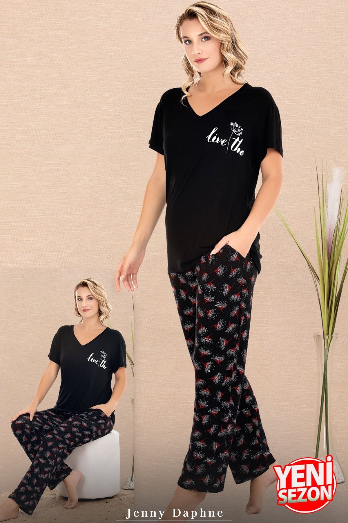Cepli V Yaka Desenli Kısa Kollu Pijama Takımı Lady 12670 - Siyah