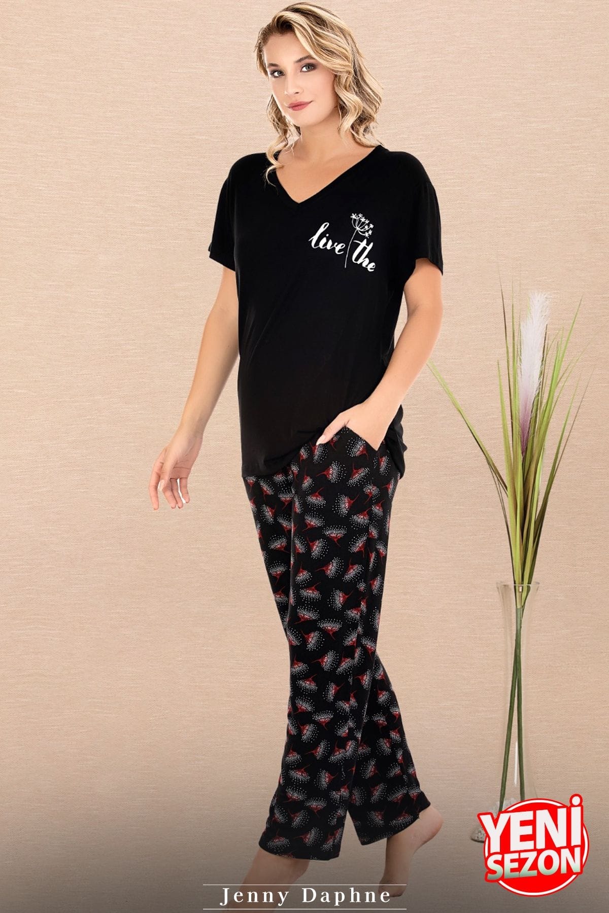 Cepli V Yaka Desenli Kısa Kollu Pijama Takımı Lady 12670 - Siyah