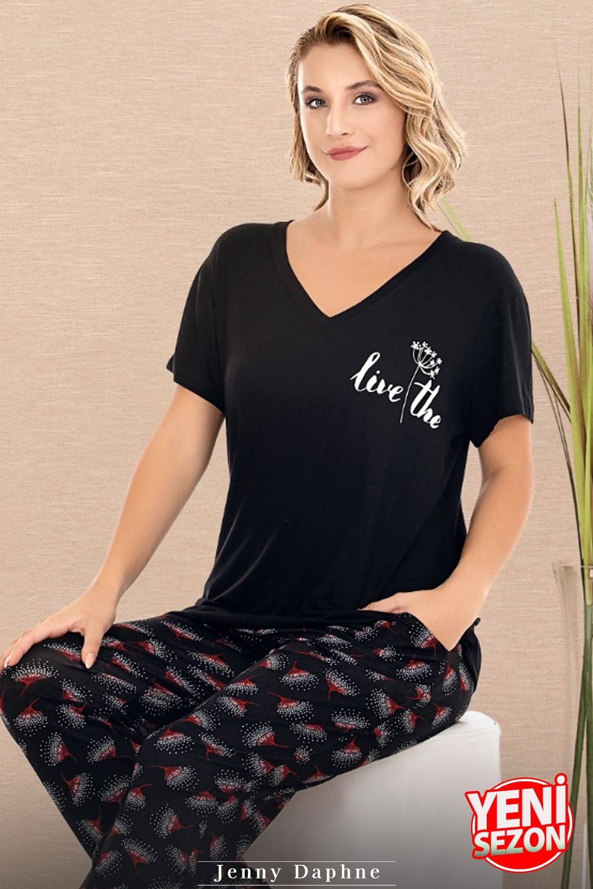 Cepli V Yaka Desenli Kısa Kollu Pijama Takımı Lady 12670 - Siyah