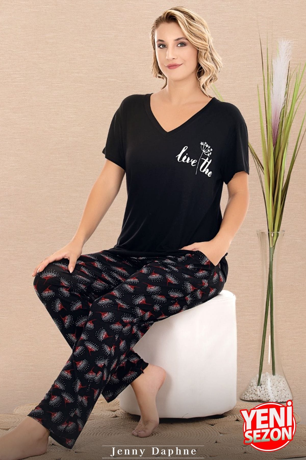 Cepli V Yaka Desenli Kısa Kollu Pijama Takımı Lady 12670 - Siyah