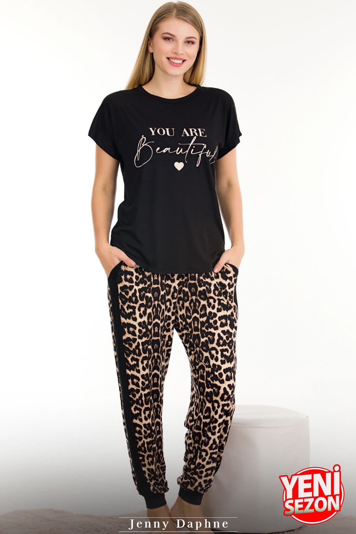 Leopar Desenli Kısa Kollu Pijama Takımı Lady 12556 - Siyah