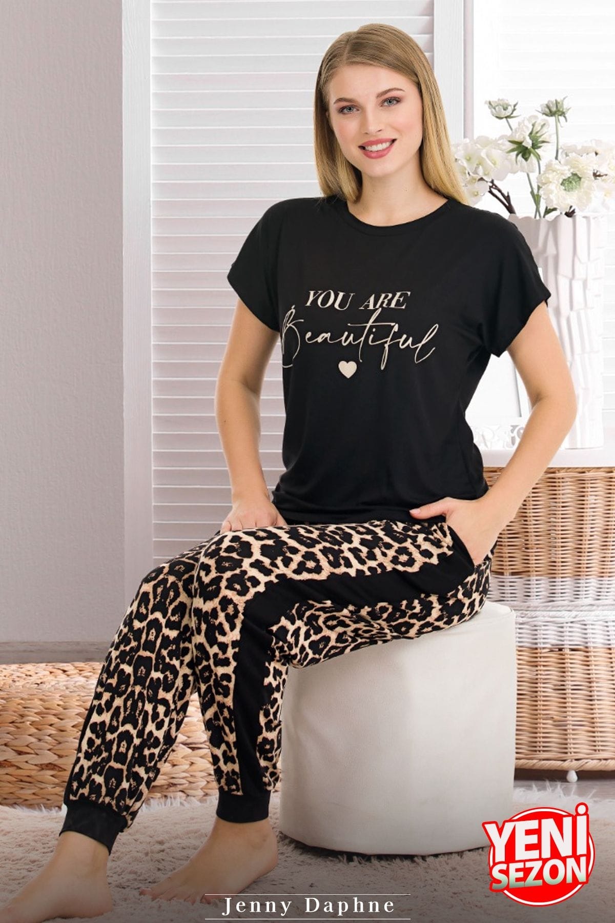 Leopar Desenli Kısa Kollu Pijama Takımı Lady 12556 - Siyah