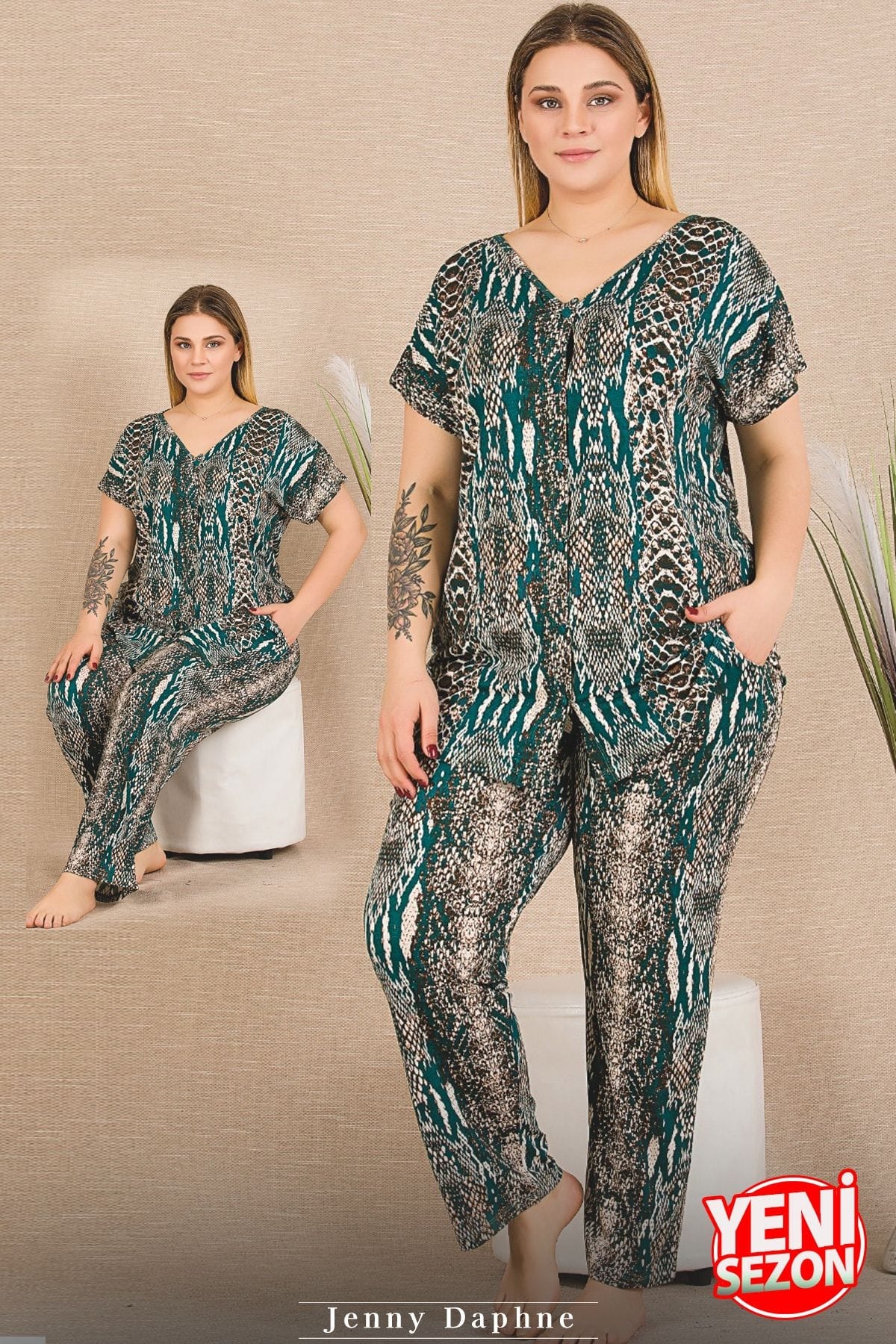 Cepli Yılan Desenli Büyük Beden Düğmeli Kısa Kollu Pijama Takımı Lady 11030 - Yeşil