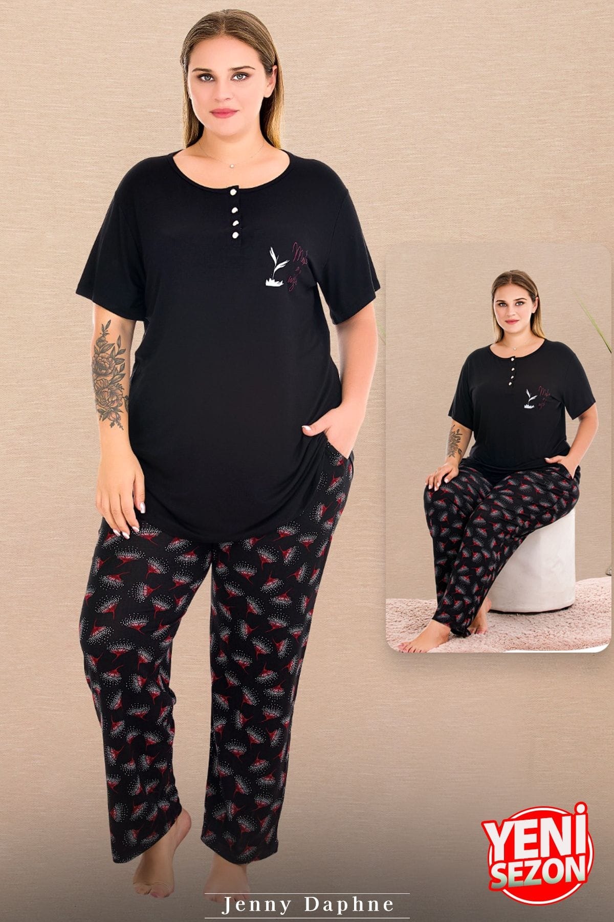 Çiçek Desenli Düğmeli Kısa Kollu Büyük Beden Kadın Pijama Takımı Lady 11016 - Siyah