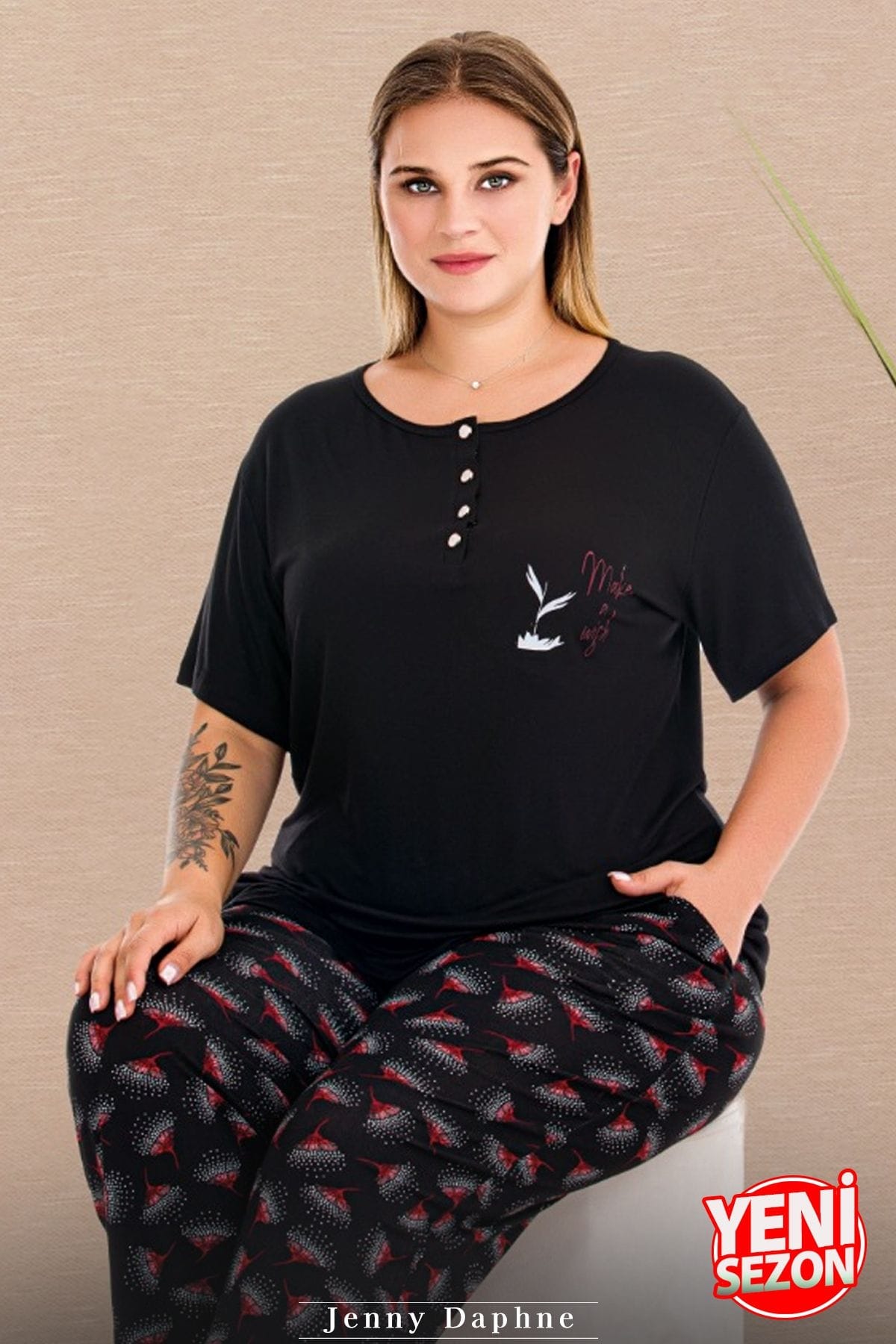 Çiçek Desenli Düğmeli Kısa Kollu Büyük Beden Kadın Pijama Takımı Lady 11016 - Siyah