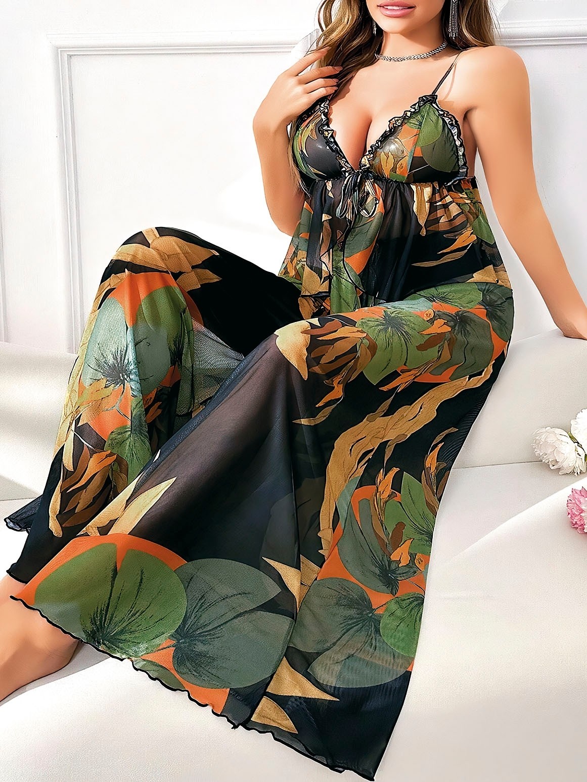 Çiçek Desenli İnce Askılı Büyük Beden Pijama Takımı Pink Night 6959 - Lacivert