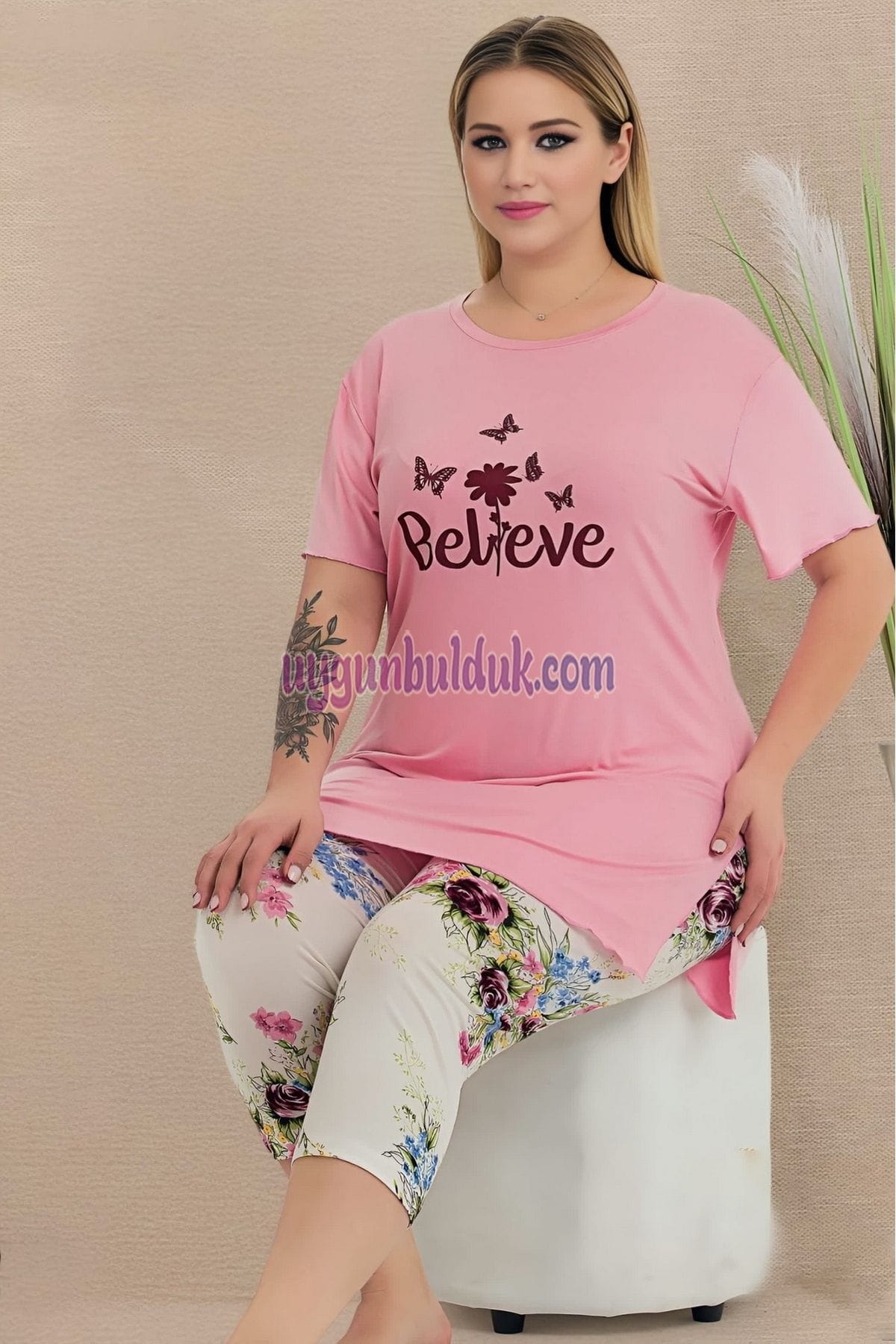 Çiçek Desenli Rahat Kesim Kapri Pijama Takımı Lady 10724 - Pembe
