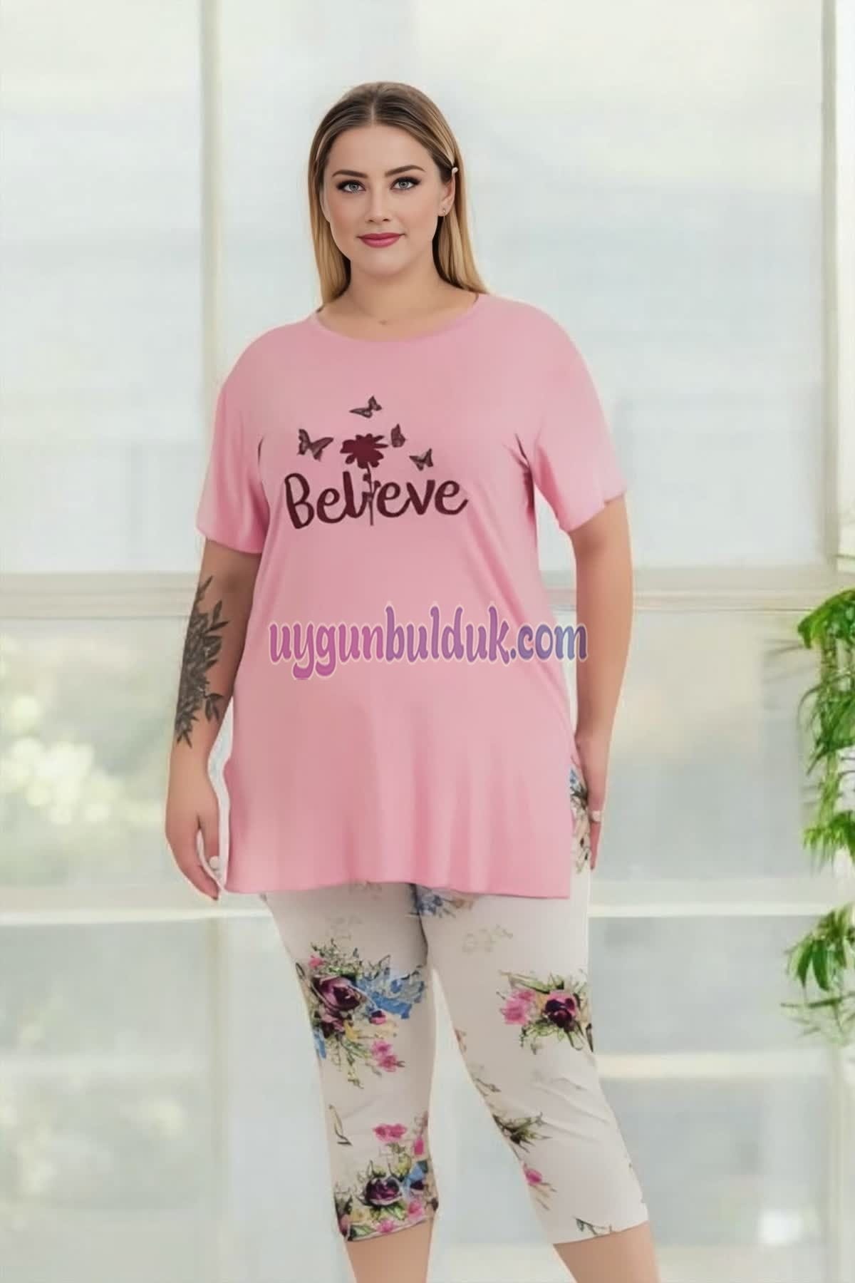 Çiçek Desenli Rahat Kesim Kapri Pijama Takımı Lady 10724 - Pembe