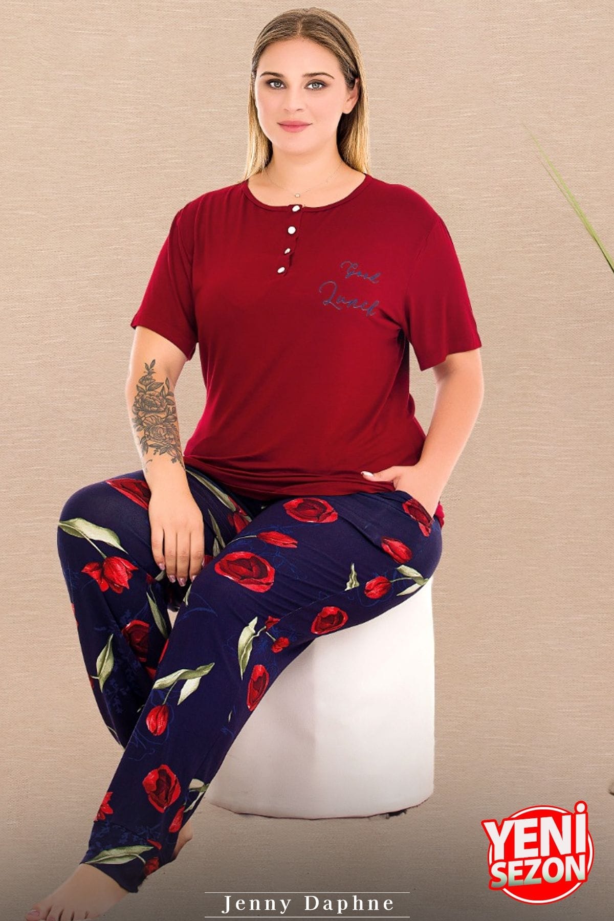 Lady Çiçek Desenli Kırmızı Düğmeli Yaka Büyük Beden Pijama Lady 11001 - Görsel 3