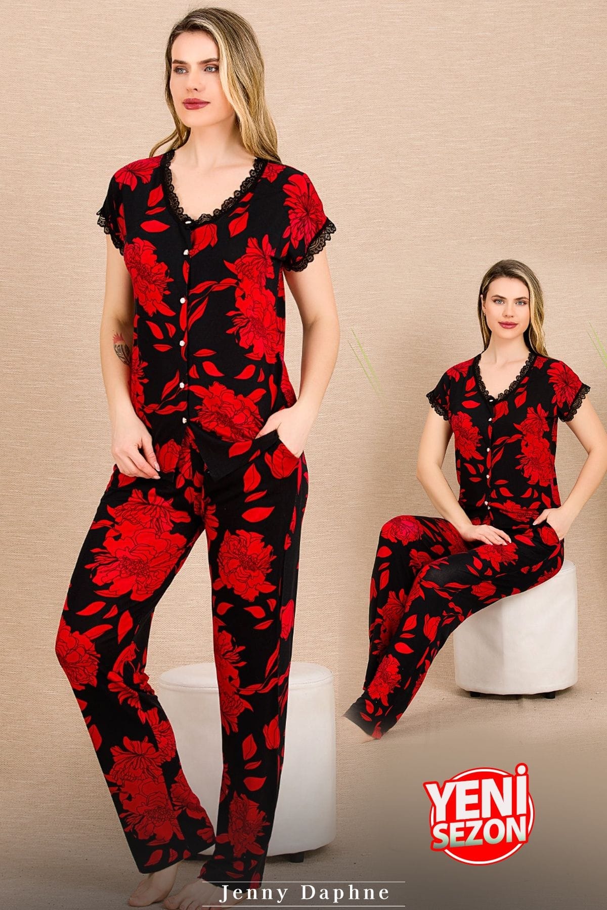 Çiçek Desenli Kırmızı Kısa Kollu Kadın Pijama Takımı Lady 12494 - Kırmızı