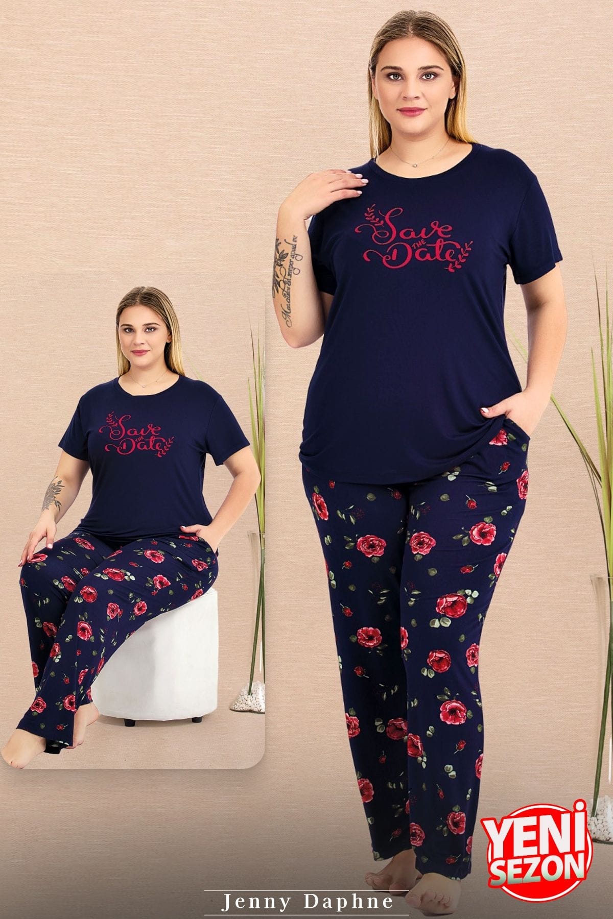 Lady Çiçek Desenli Ekru Büyük Beden Pijama Takımı Lady 11025