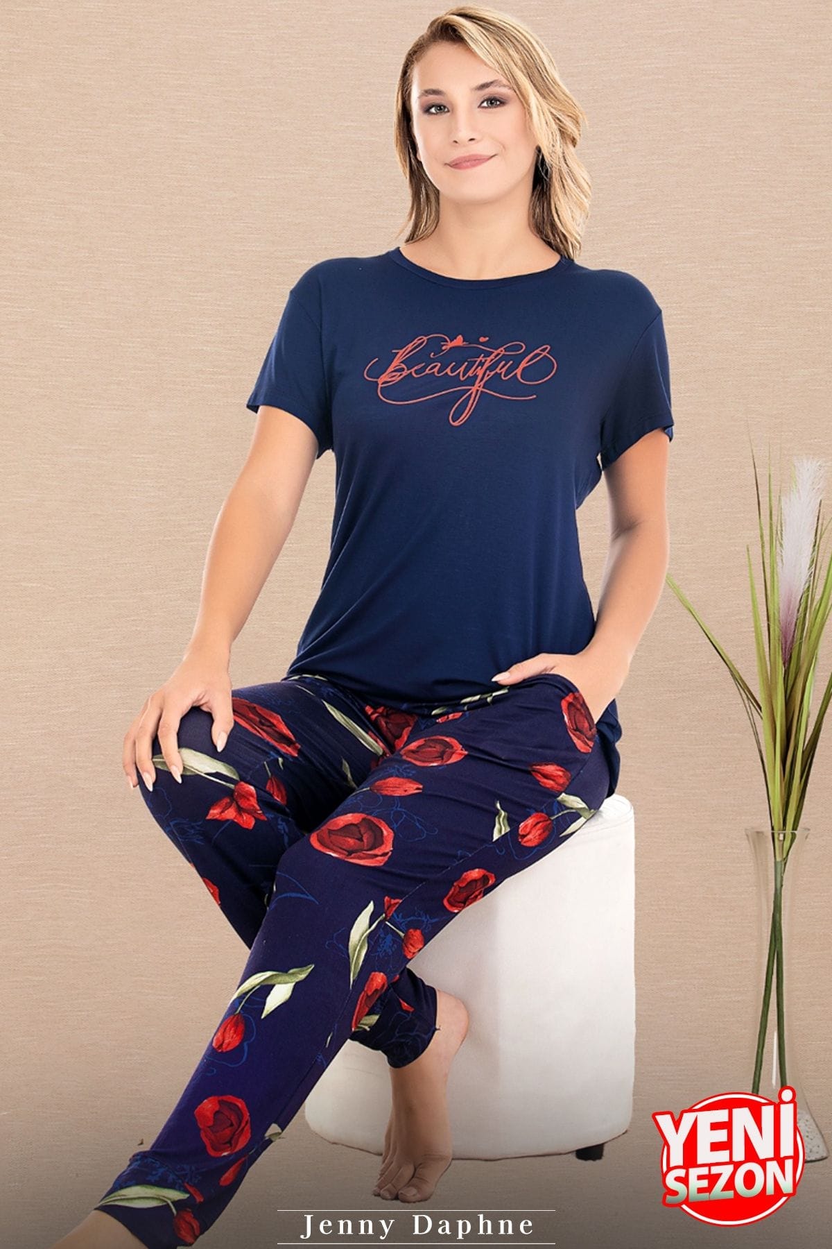 Çiçek Desenli Kısa Kollu Pijama Takımı Lady 12590 - Lacivert