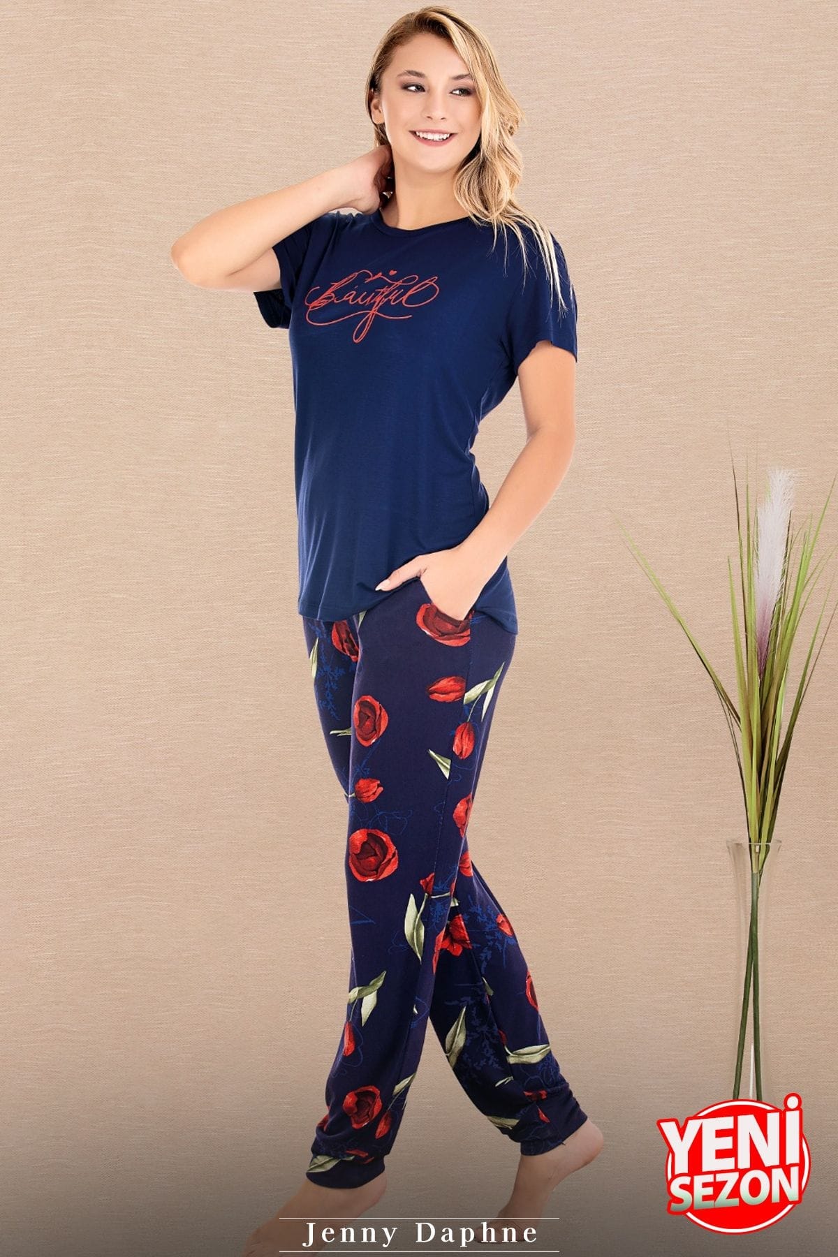 Çiçek Desenli Kısa Kollu Pijama Takımı Lady 12590 - Lacivert