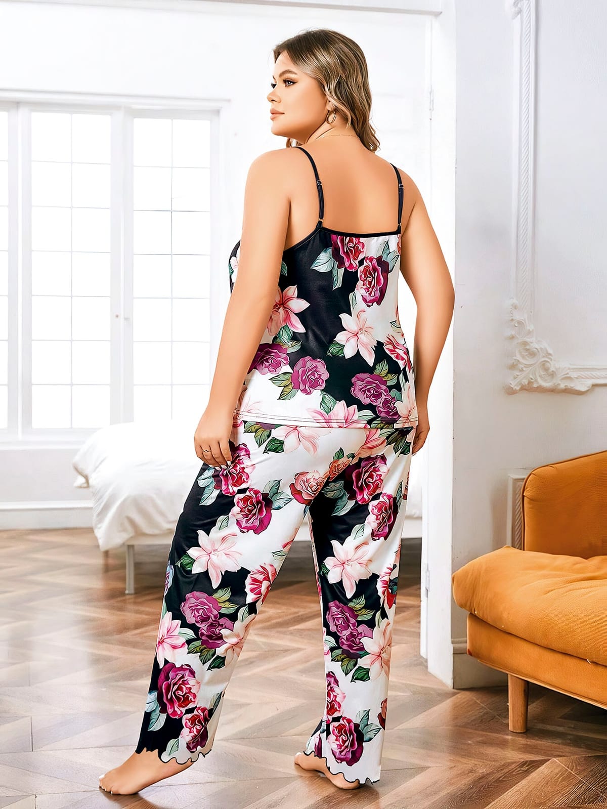 Çiçek Desenli Pamuklu Pijama Takımı Büyük Beden Pink Night 6914 - Görsel