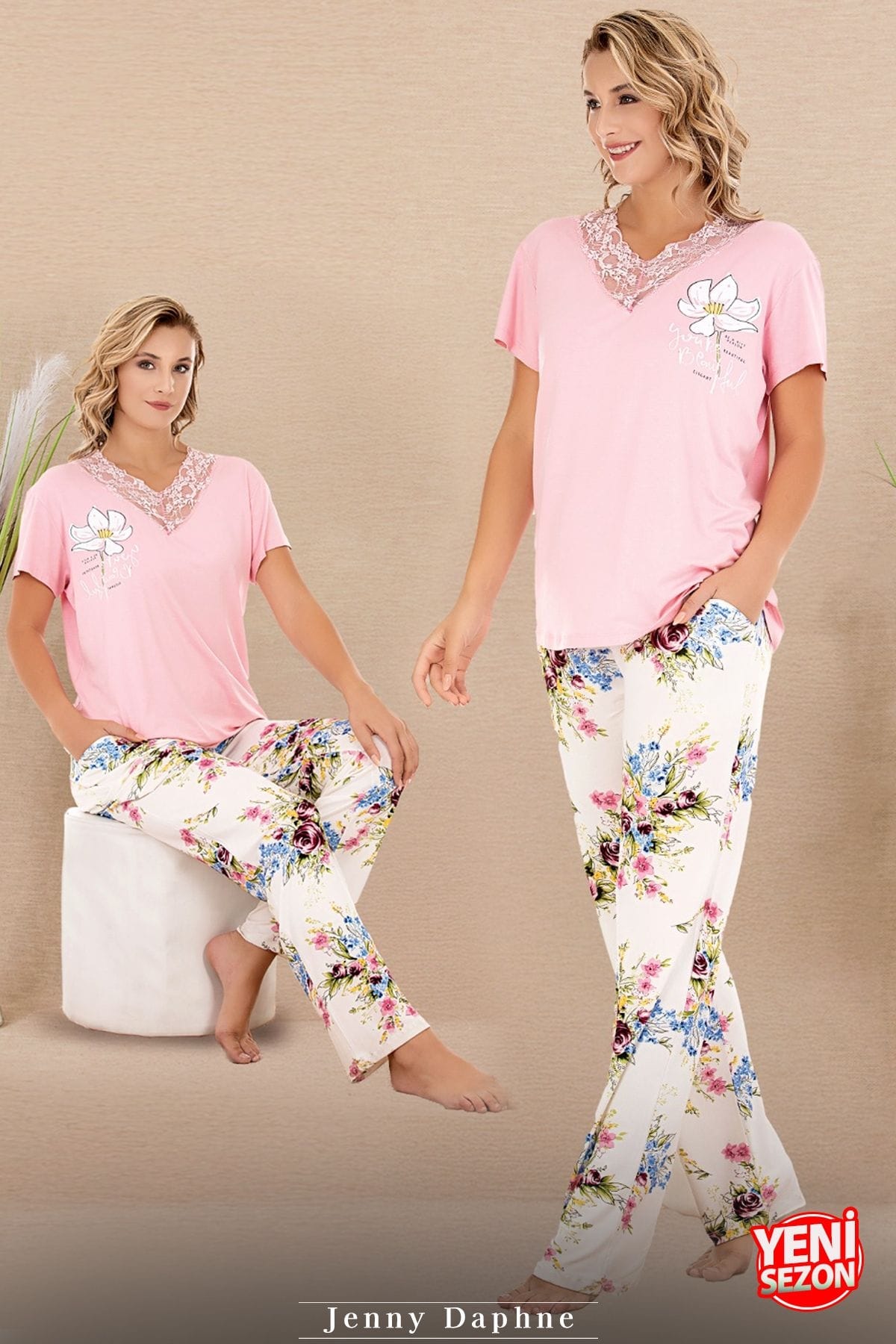 Lady Çiçek Desenli Dantel Yaka Kısa Kol Pijama Takımı Lady 12596