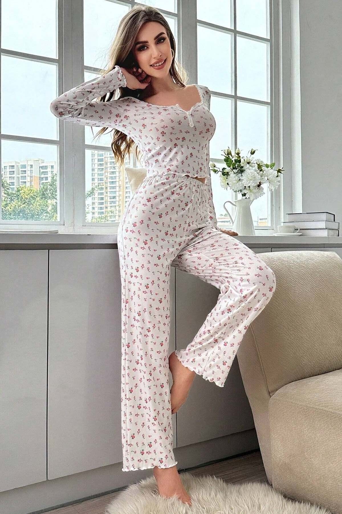 Çiçek Desenli Uzun Kollu Pijama Takımı Merry See MS4083 Beyaz - Beyaz