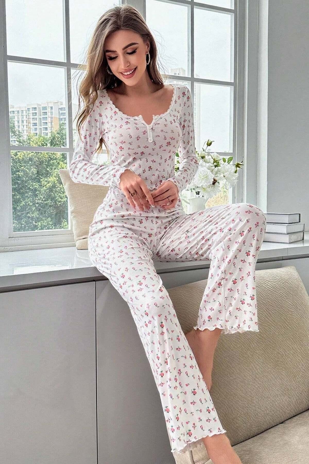 Çiçek Desenli Uzun Kollu Pijama Takımı Merry See MS4083 Beyaz - Beyaz