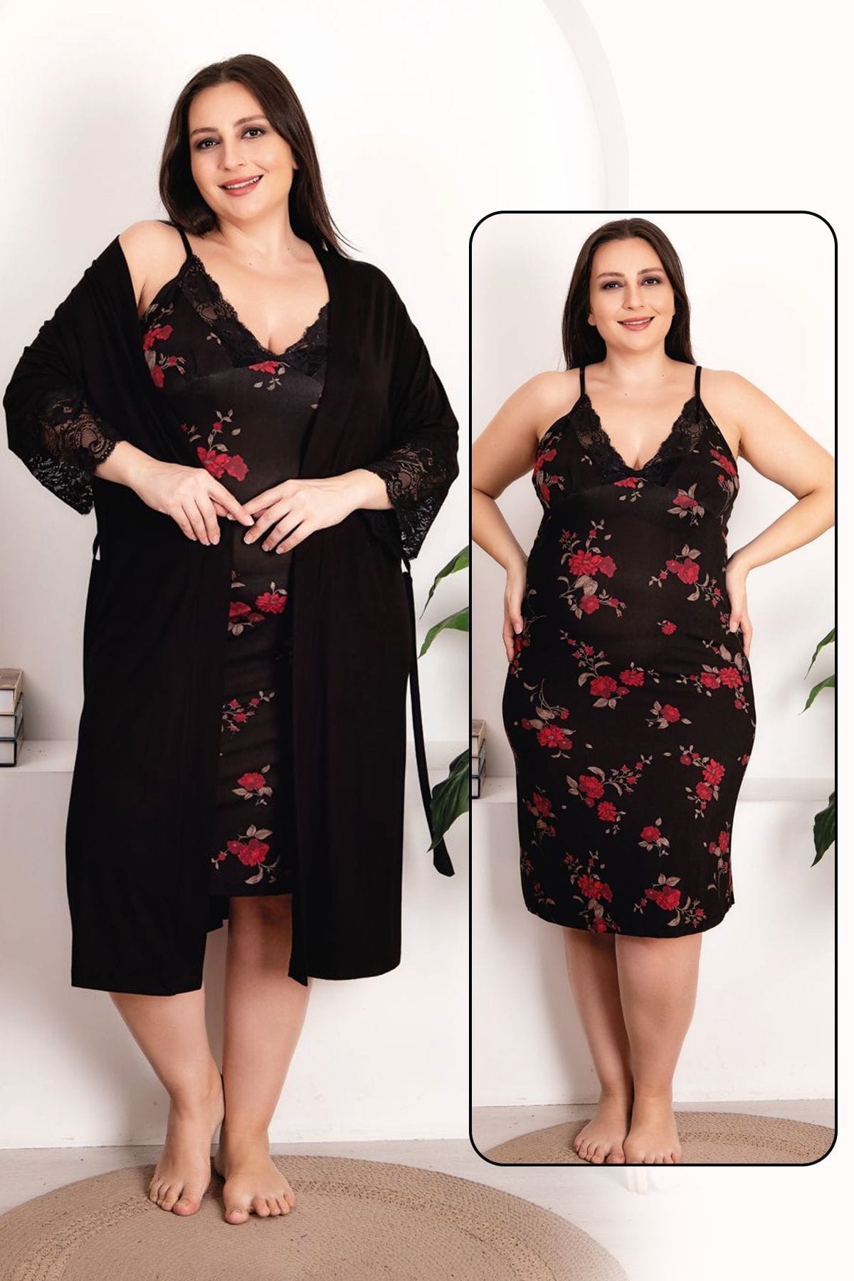 Çiçek Desenli Viskon Kumaş Gecelik Sabahlık Takımı Lady 19223 - Siyah