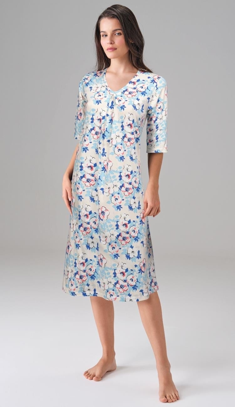 Çiçek Desenli Yarım Kollu Midi Boy Elbise Doreanse 4321 - Mavi