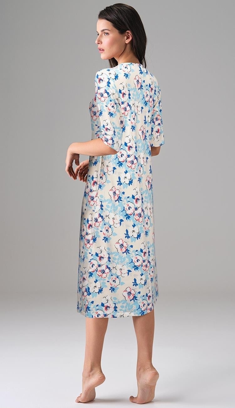 Çiçek Desenli Yarım Kollu Midi Boy Elbise Doreanse 4321 - Mavi