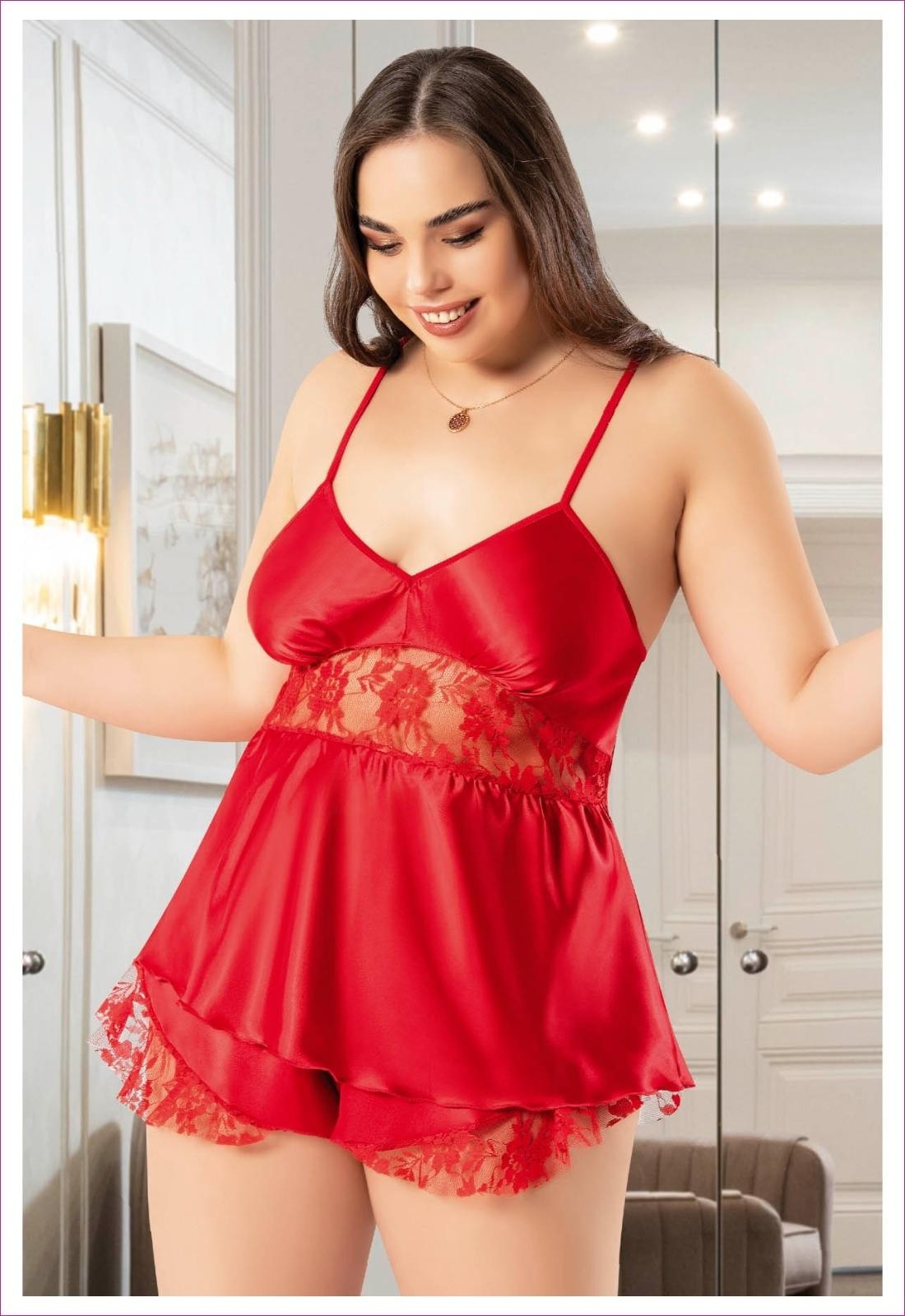 Büyük Beden İnce Askılı Saten Şort Pijama Takımı Miss Laris 4247 - Kırmızı