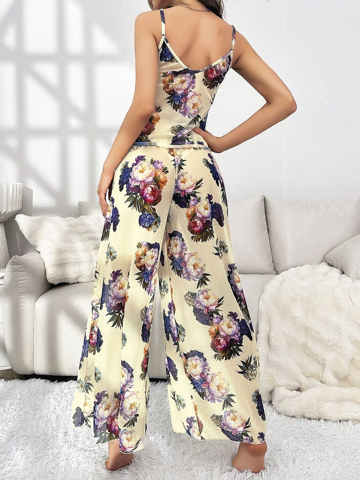 Çiçekli Desenli Sarı Askılı Bluz Pantolon Takım Pink Night 1451 - Sarı