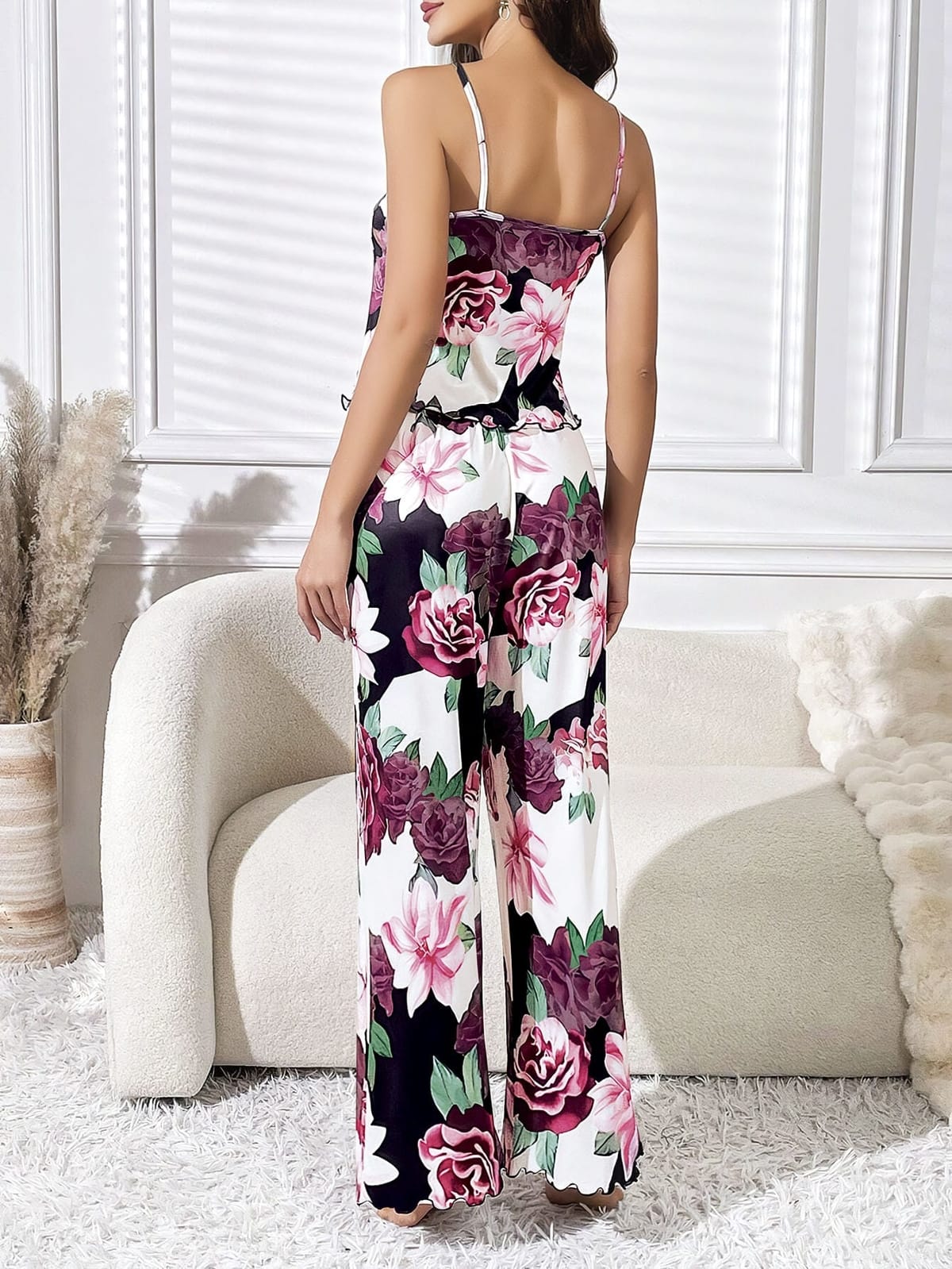 Çiçekli Desen Siyah Askılı Bluz Pantolon Takım Pink Night 1414 - Siyah