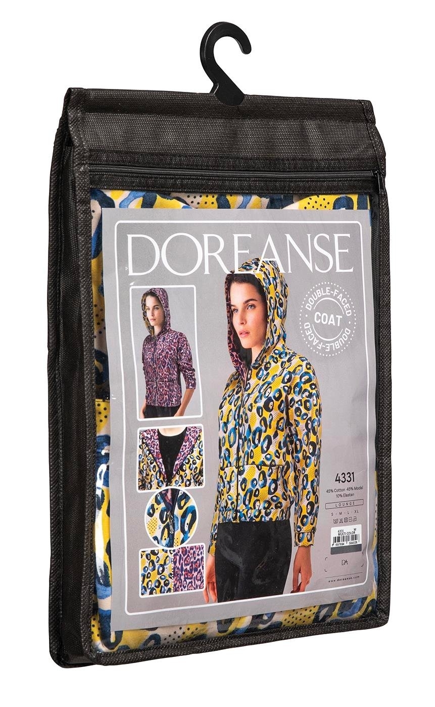 Çift Taraflı Kapüşonlu Desenli Kadın Mont Mor Doreanse 4331 - Renkli Desenli