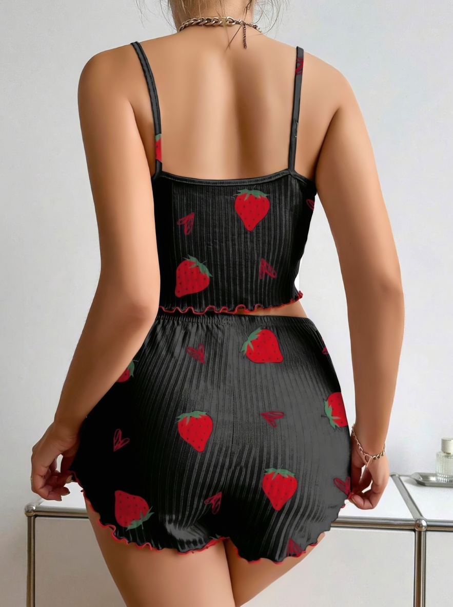 Fitilli İnce Askılı Şort Pijama Takımı Çilek Baskılı Lily Bianca 13101 - Siyah