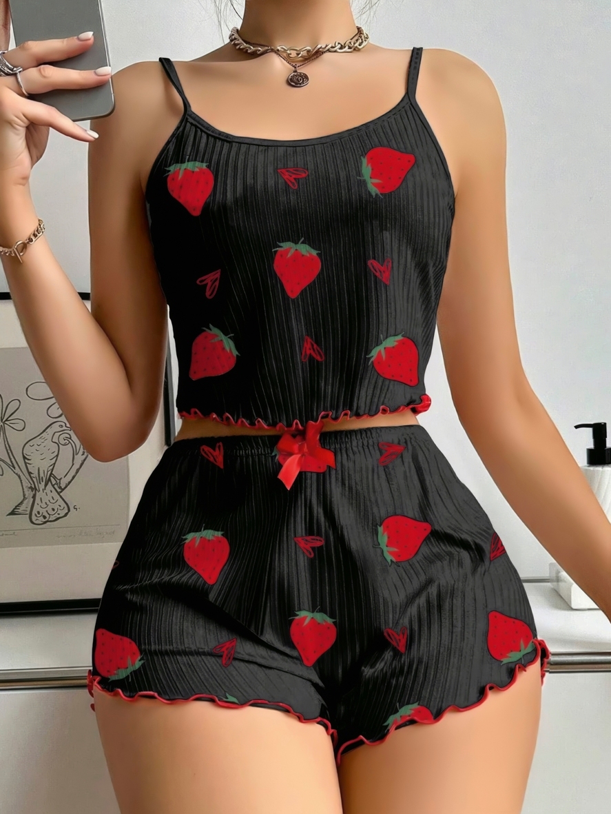 Fitilli İnce Askılı Şort Pijama Takımı Çilek Baskılı Lily Bianca 13101 - Siyah