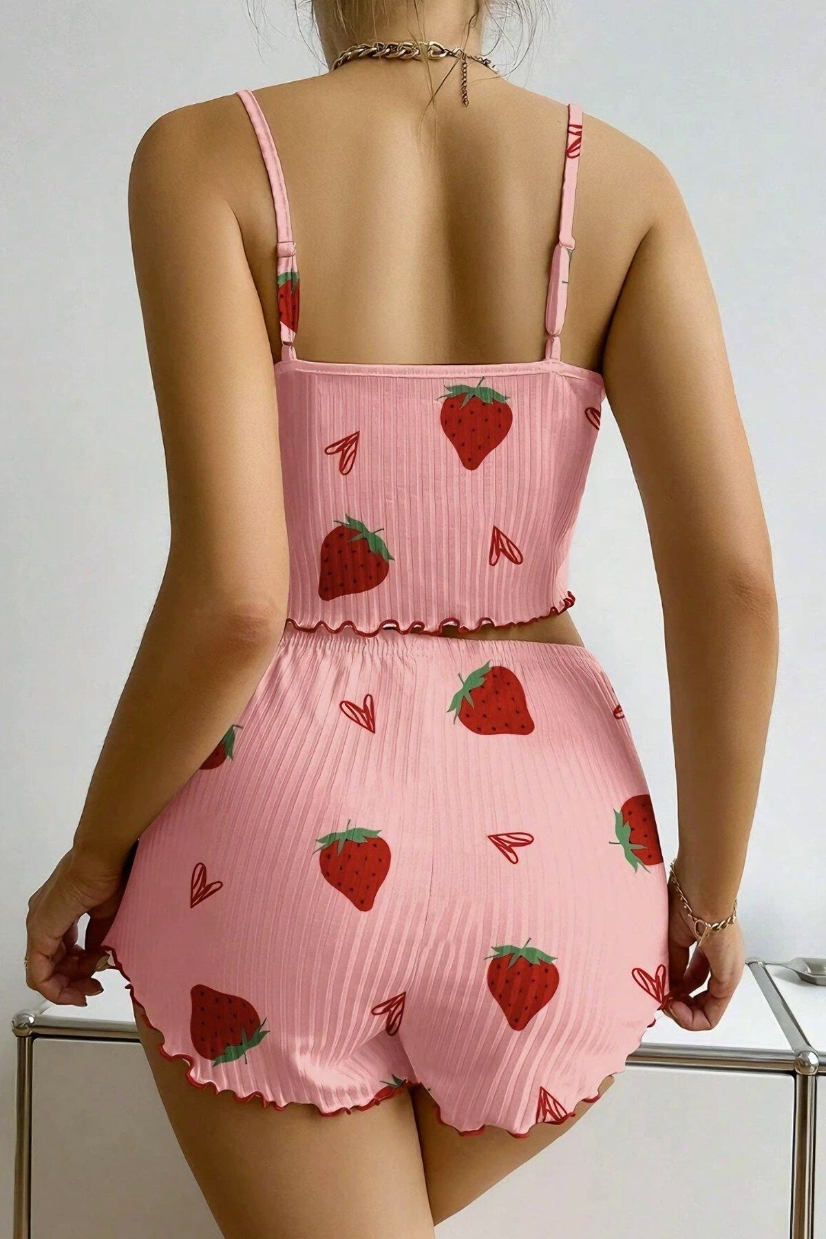 Çilek Desenli Kadın Şortlu Pijama Takımı Ruselin 5056 - Pembe