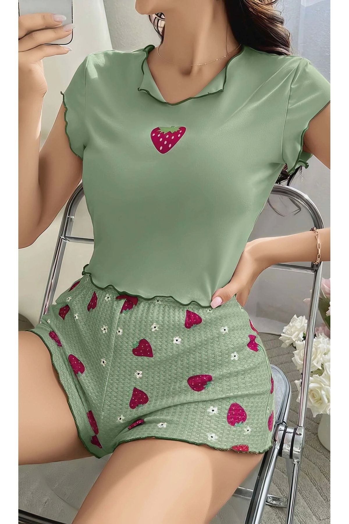 Ruselin Çilek Desenli Yeşil Şort Takım Kadın Pijama Takımı Ruselin 5004 - Görsel 2