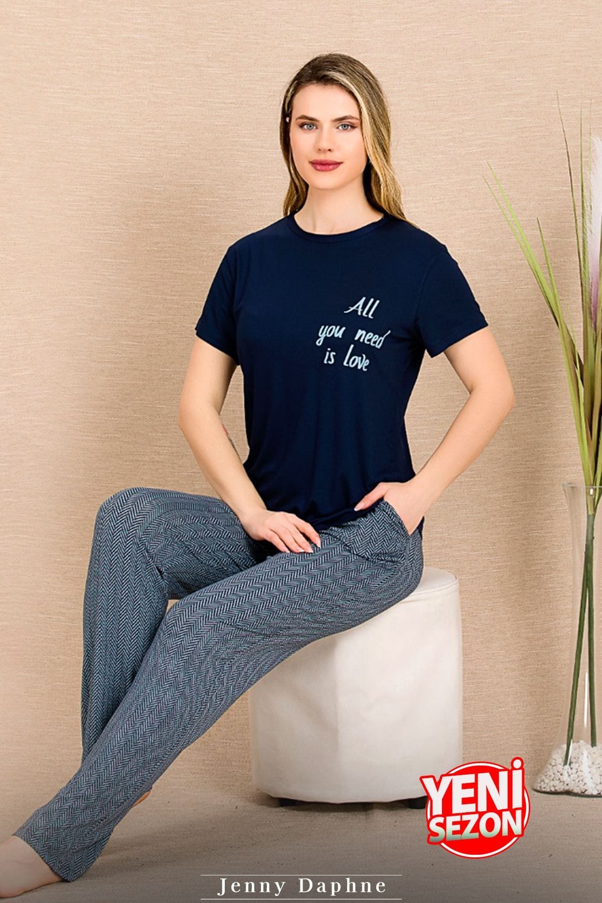 Çizgi Desenli Kısa Kollu Pijama Takımı Lady 12491 - Lacivert