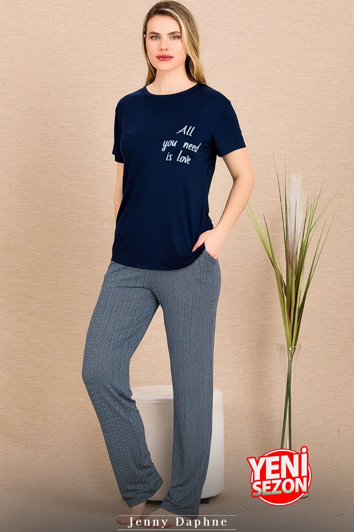 Çizgi Desenli Kısa Kollu Pijama Takımı Lady 12491 - Lacivert