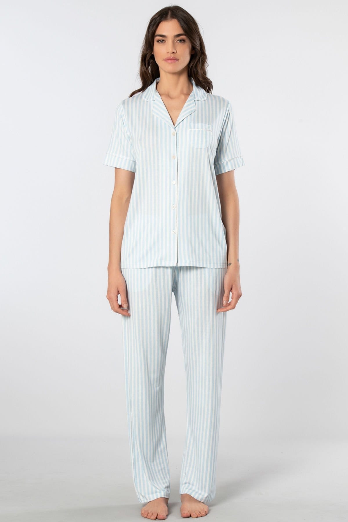 Çizgili Kısa Kollu Gömlek Yaka Pijama Takımı Türen 3355 - Mavi