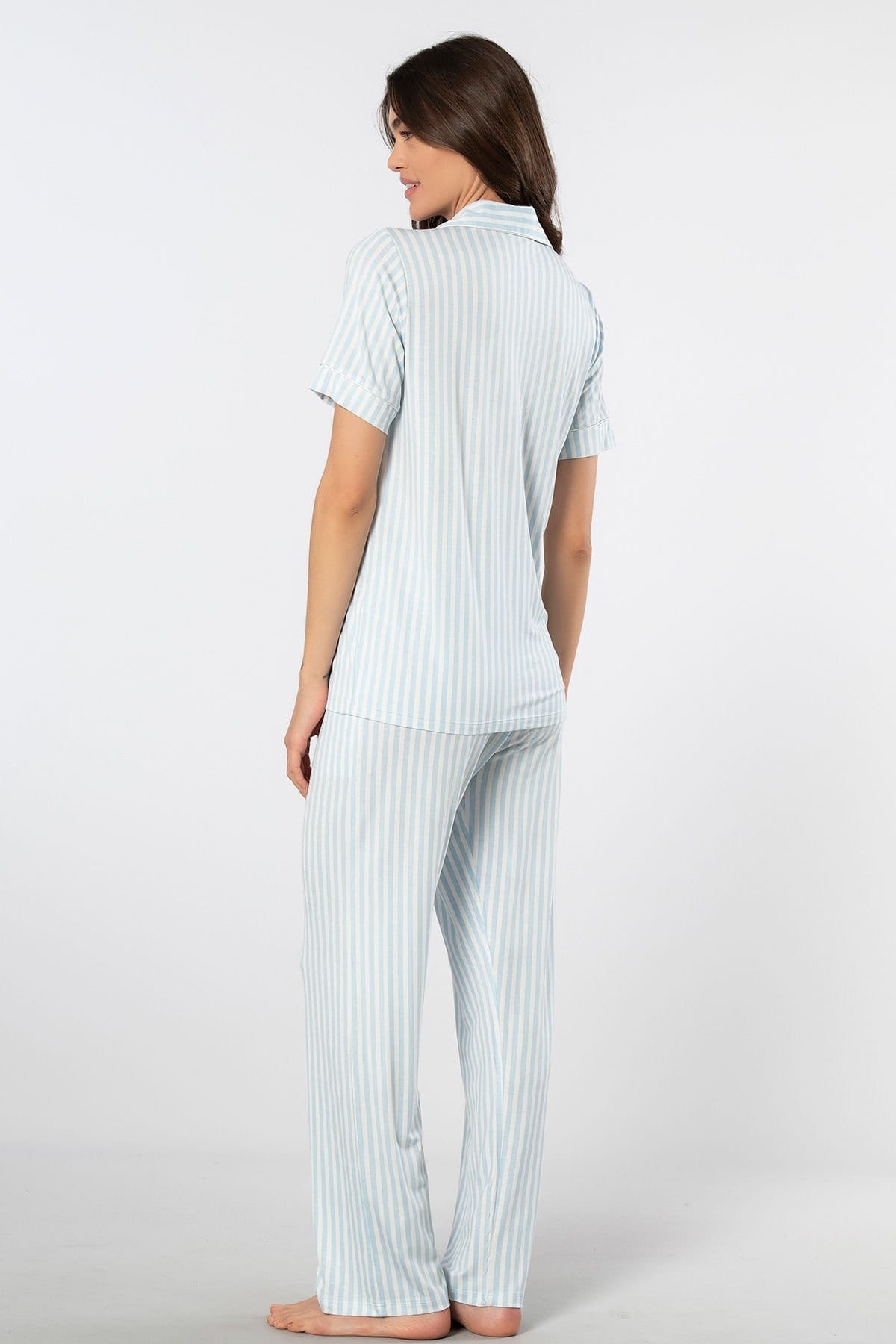 Çizgili Kısa Kollu Gömlek Yaka Pijama Takımı Türen 3355 - Mavi