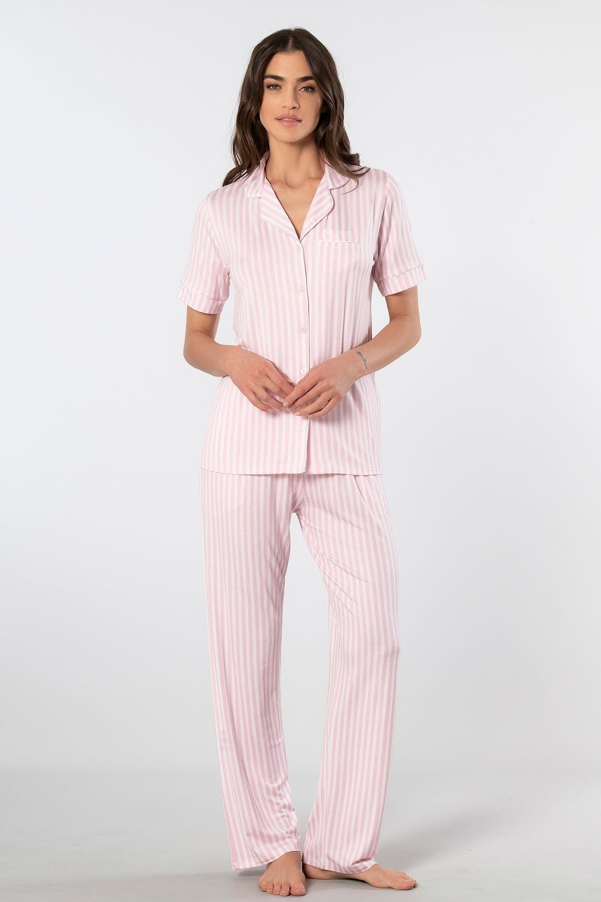 Çizgili Kısa Kollu Pijama Takımı Türen 3355 - Pembe