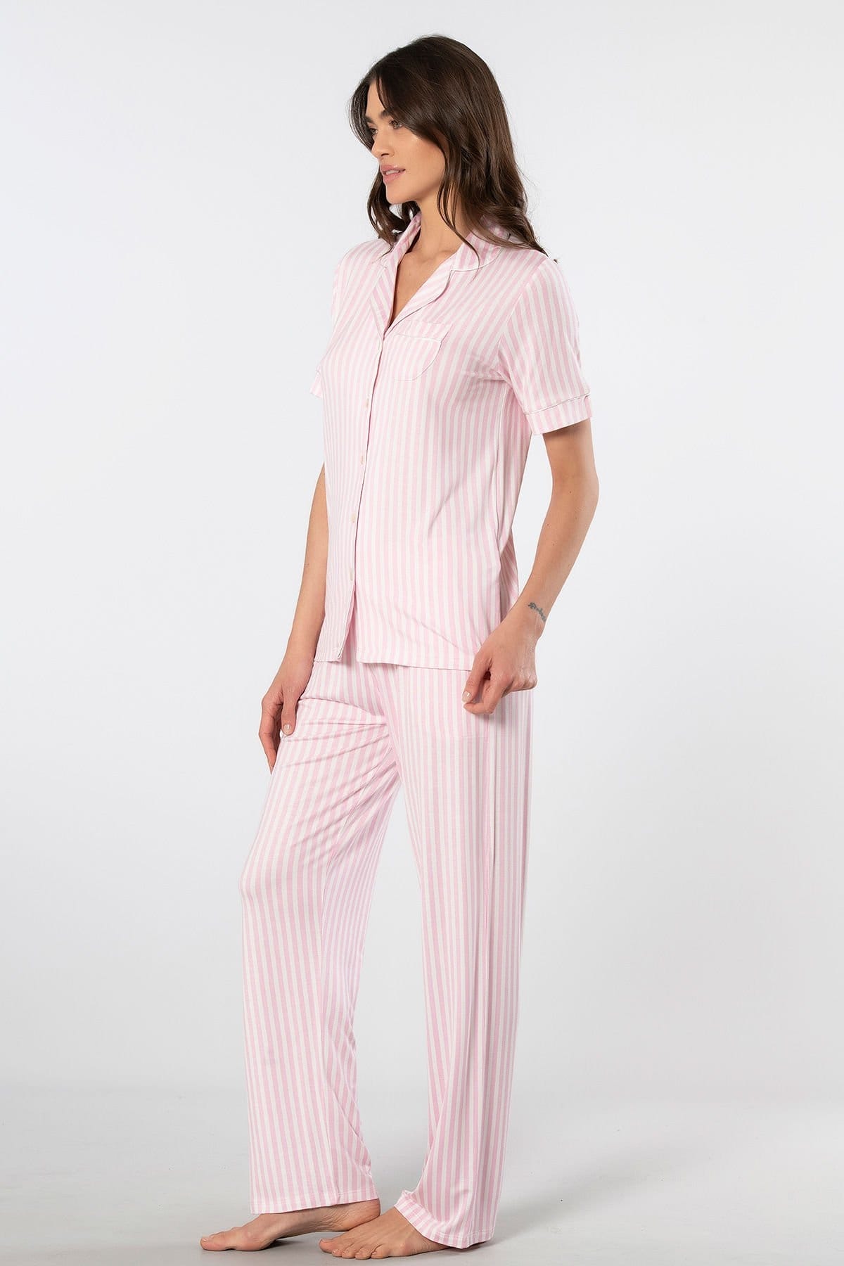 Çizgili Kısa Kollu Pijama Takımı Türen 3355 - Pembe