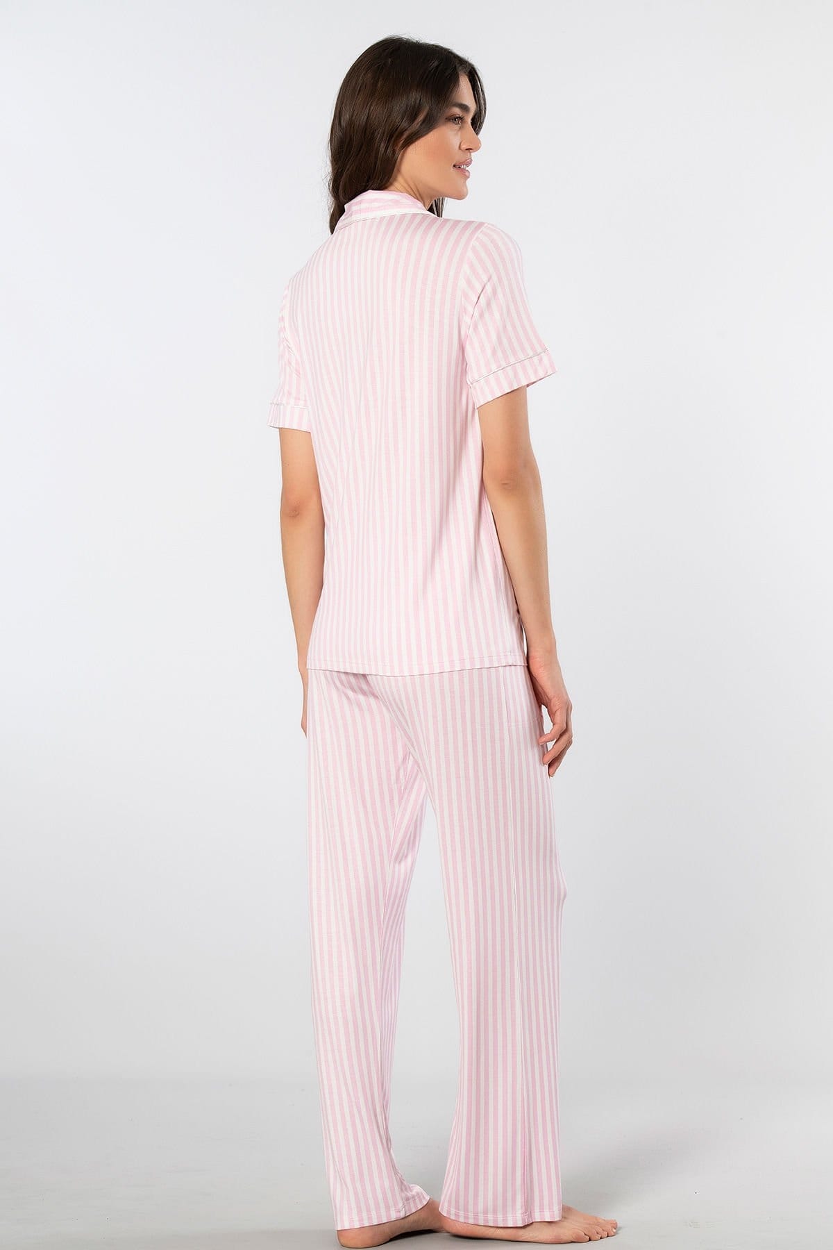 Çizgili Kısa Kollu Pijama Takımı Türen 3355 - Pembe