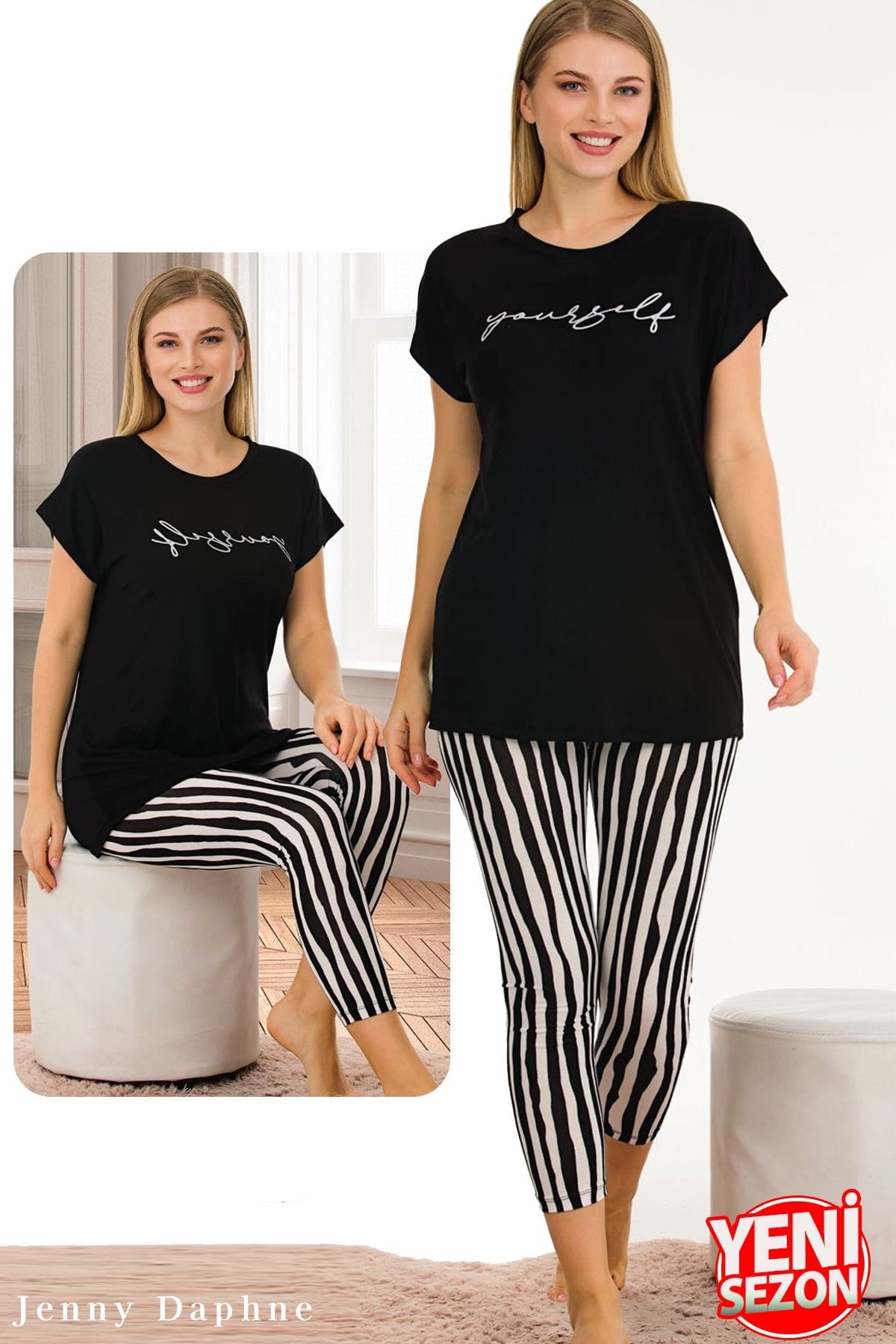 Çizgili Kapri Pijama Takımı Kadın Lady 12054 - Siyah