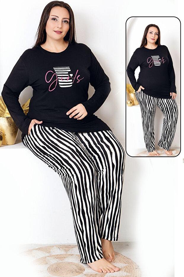 Çizgili Uzun Kollu Büyük Beden Cepli Pijama Takımı Lady 11398 - Siyah