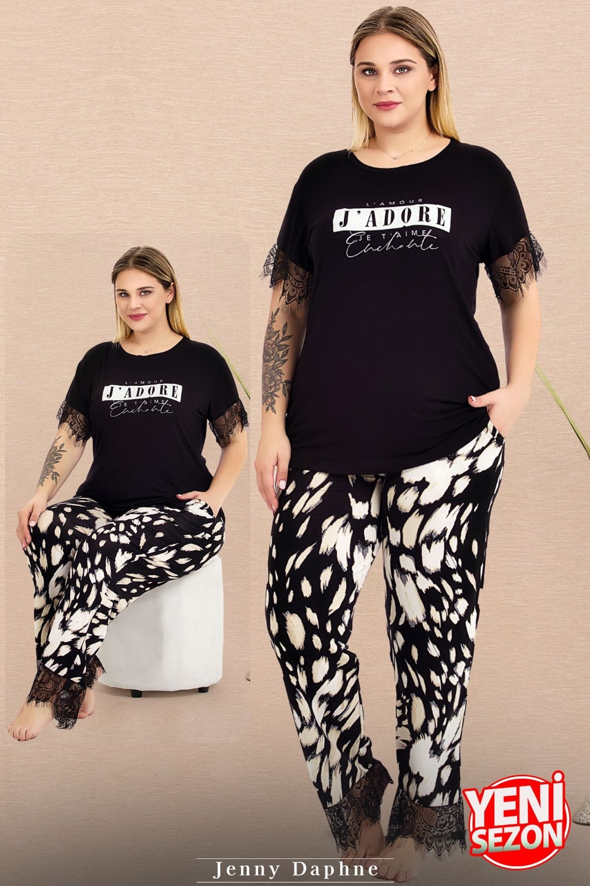 Dalmaçya Desenli Dantelli Kısa Kollu Pijama Takımı Lady 10980 - Siyah