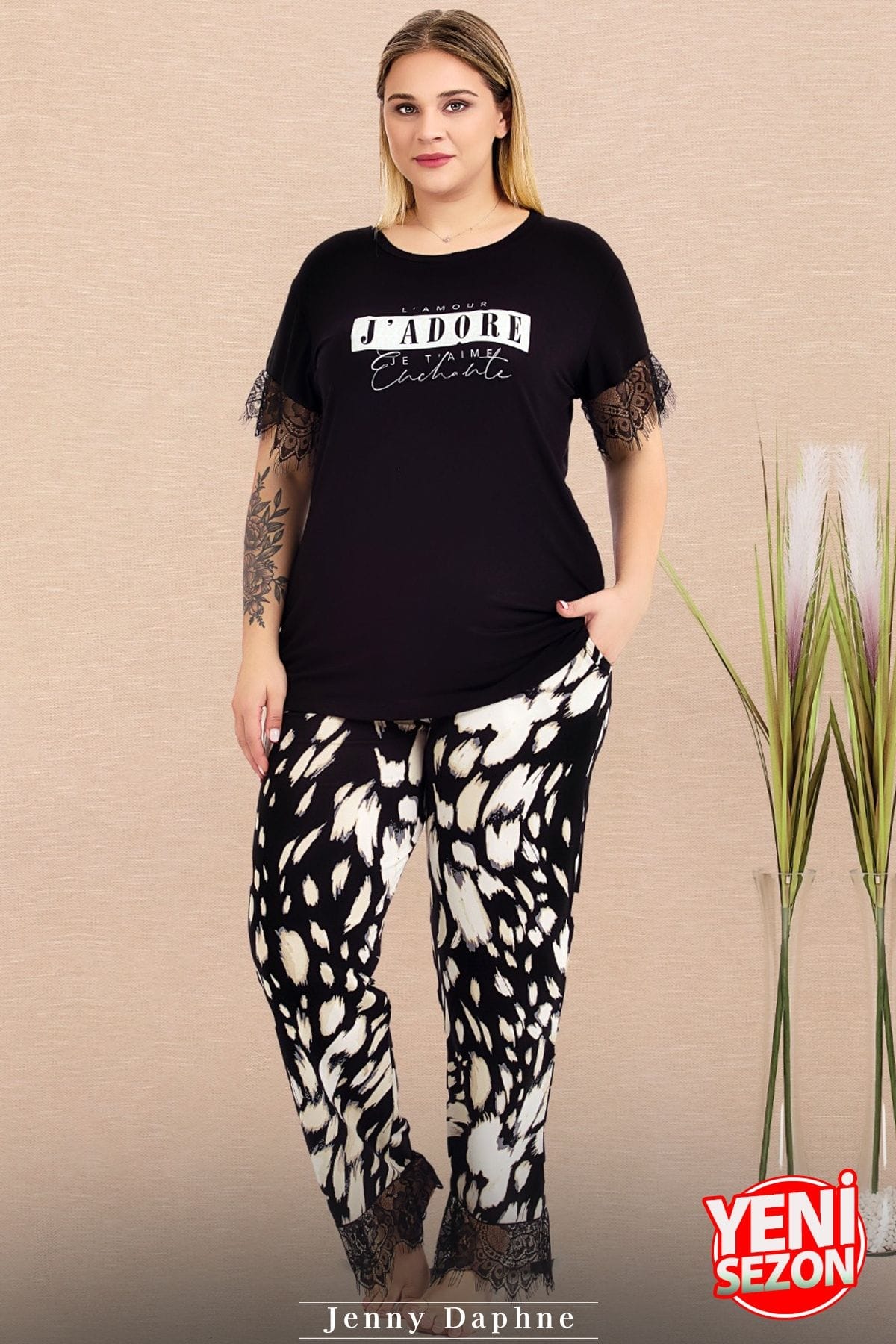 Dalmaçya Desenli Dantelli Kısa Kollu Pijama Takımı Lady 10980 - Siyah