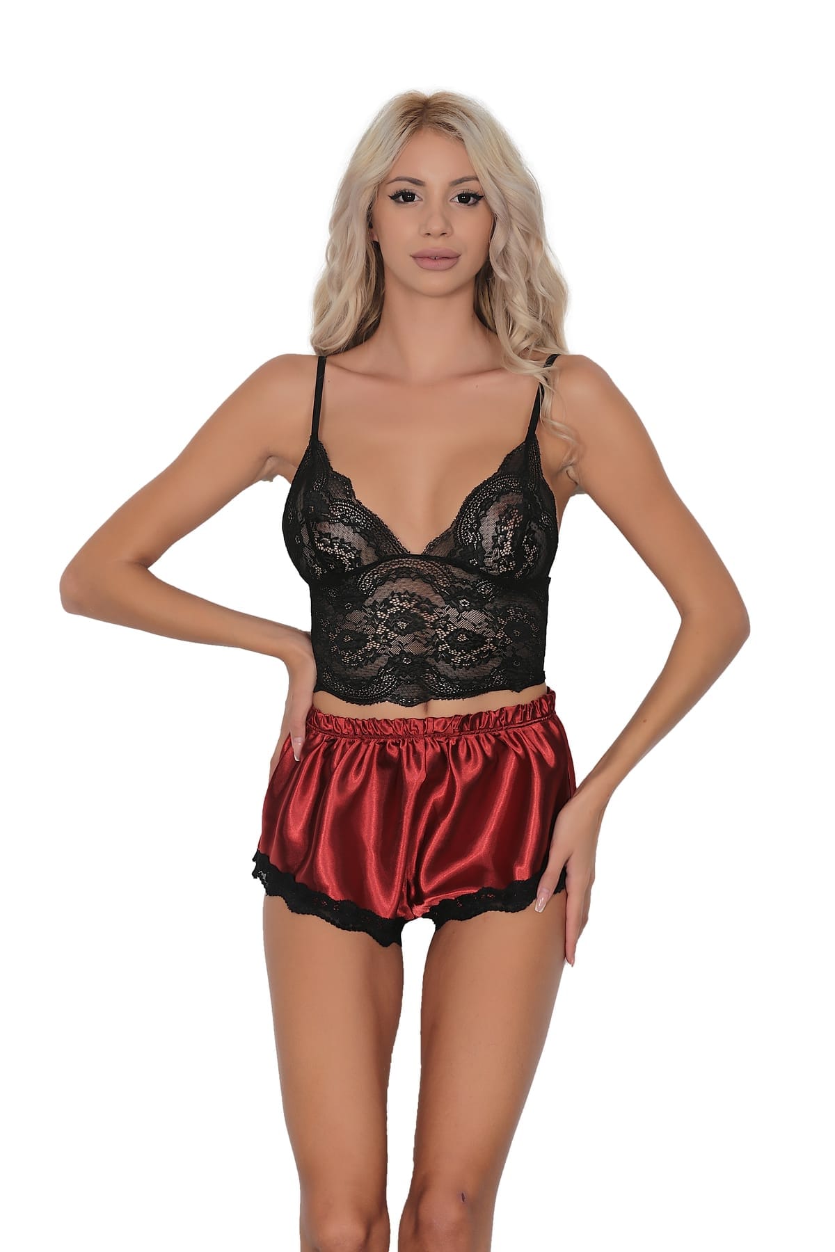 Dantel Detaylı Saten Şort Takım SHE 2114 - Siyah