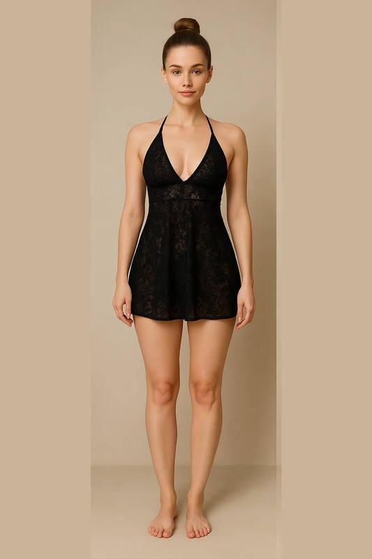 Şeffaf Dantel Kesim Arkası Açık Body Venlisa 2407 - Siyah