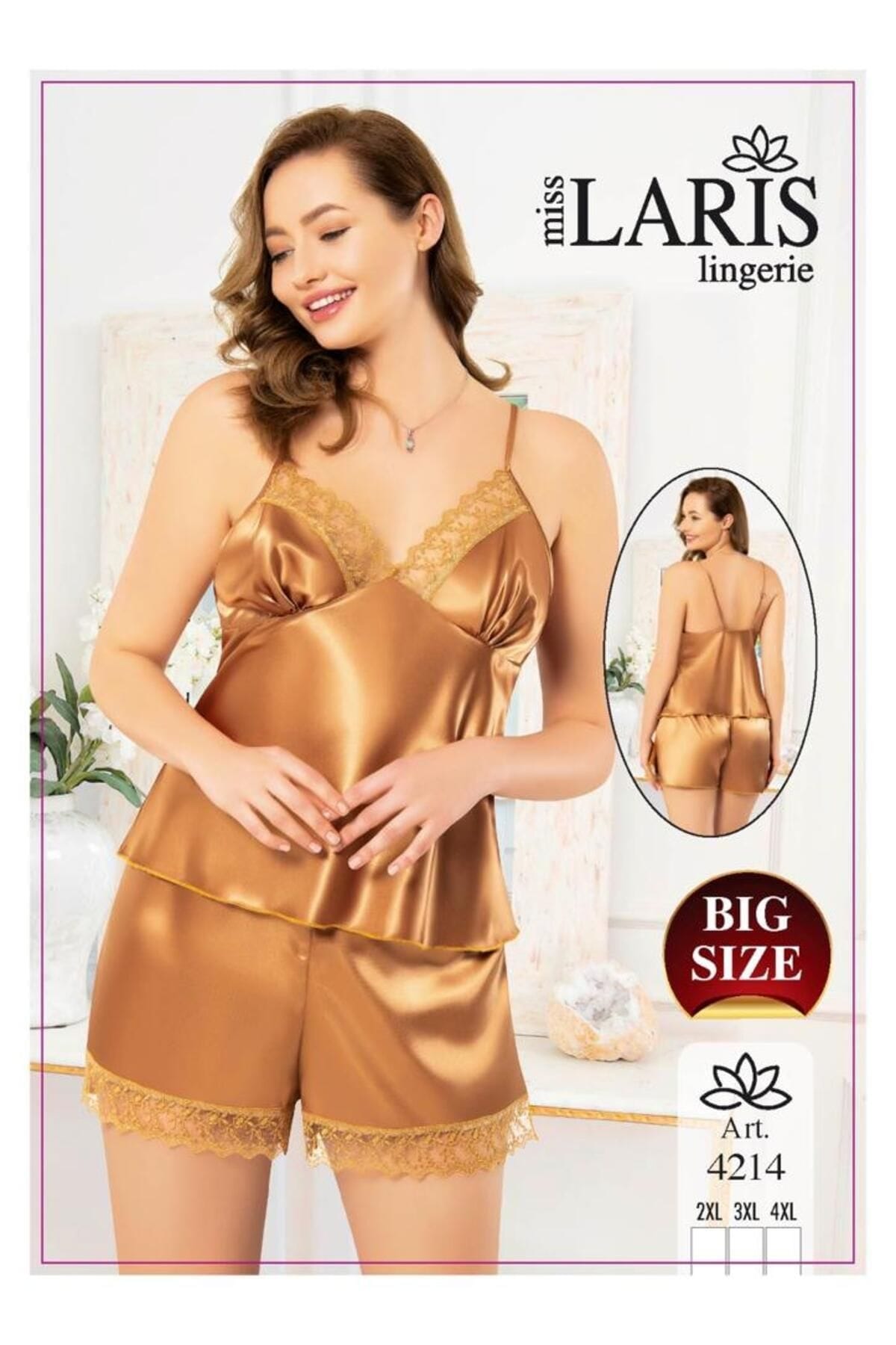 Dantel İşlemeli Büyük Beden Şort Takım Nar Çiçeği Miss Laris 4214 - Altın