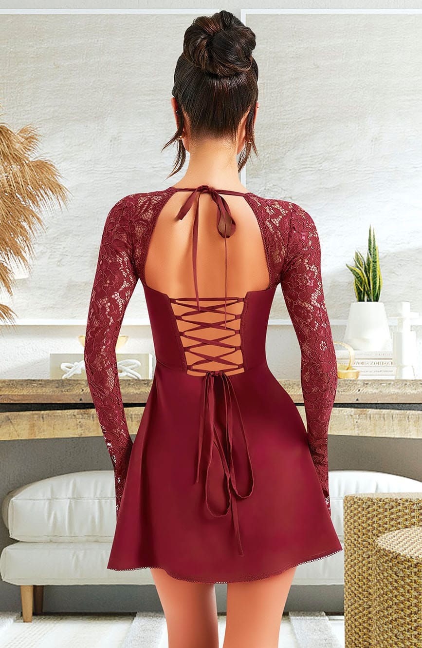 Dantel Kol Detaylı Midi Elbise Pembe Pink Night 1309 - Bordo