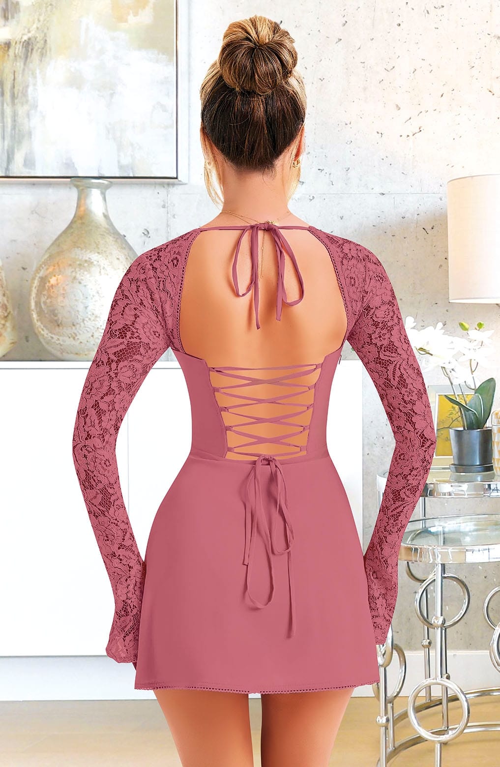 Dantel Kol Detaylı Fuşya Midi Elbise Pink Night 1310 - Fuşya