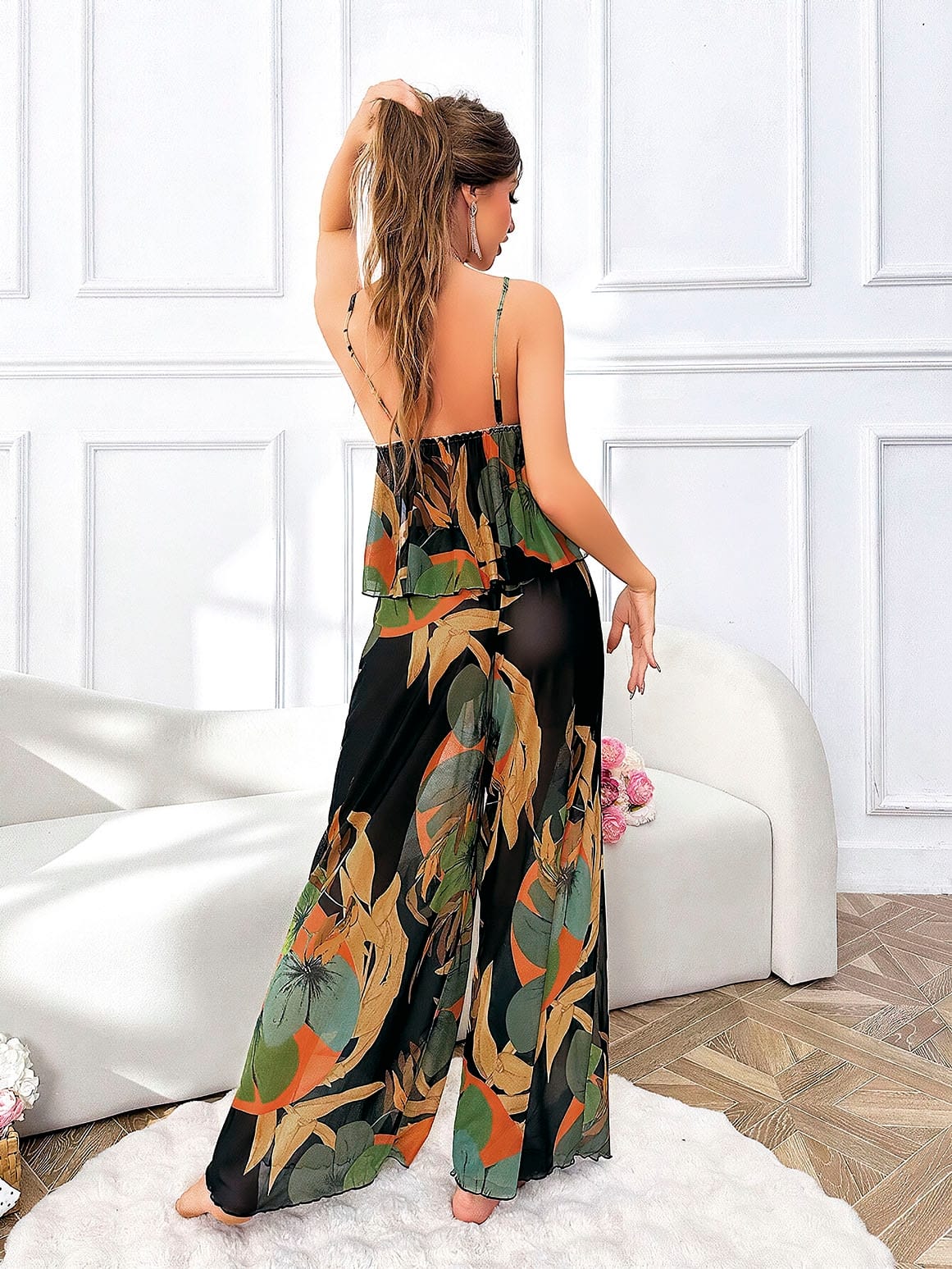 Desenli Somon Renkli Asklı Bluz Pantolon Takım Pink Night 1459 - Siyah