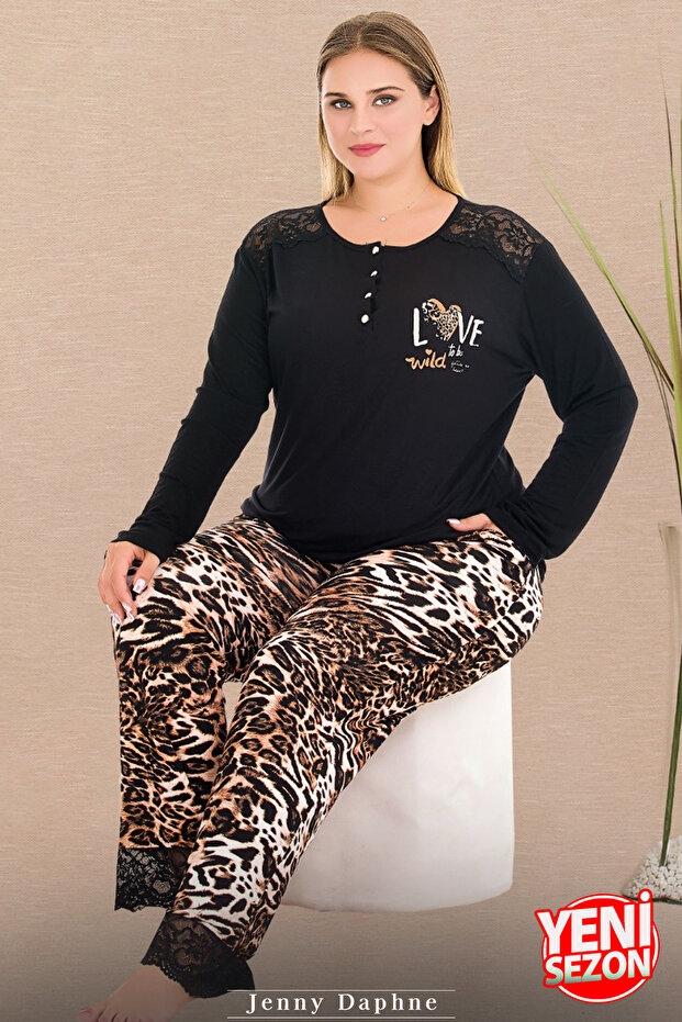Büyük Beden Leopar Desenli Uzun Kollu Pijama Takımı Lady 11399 - Siyah